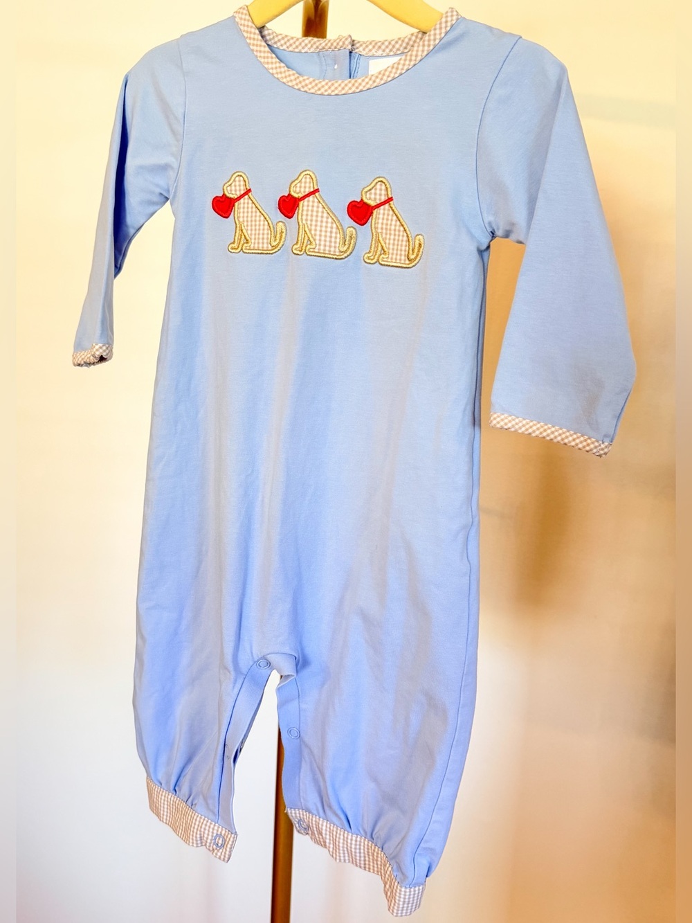 Cecil and Lou Blue w Gingham Long-Sleeve One-Piece with Puppy Heart Appliqués
